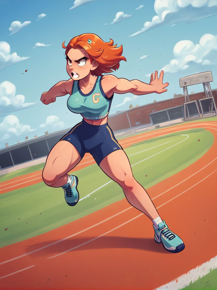 A vibrant scene appears on the professional athletics track，A fierce competition is going on,The setting sun in the background casts a warm glow on the field，The athletes are clearly visible，She is a determined girl.，25 years old，Focus on the task at hand，Her running shoes kicked up a small cloud of dust on the track，She is jumping over a hurdle.，The hurdle is a bright aluminum strip，Crossbars painted white and black，Easy to identify，Seemingly insurmountable，But that’s not the case for our athletes.，She is wearing royal blue and sportswear, her muscles are tense，Perfect posture，Jump over，(Cartoon illustration，illustration)