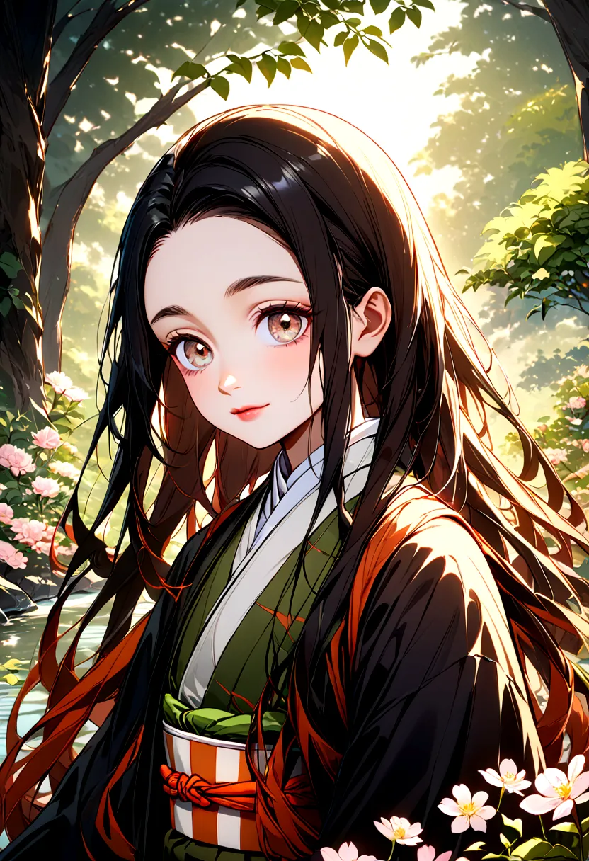 a close-up view of nezuko from demon slayer, looking into the camera with a serene expression. the background features a peacefu...