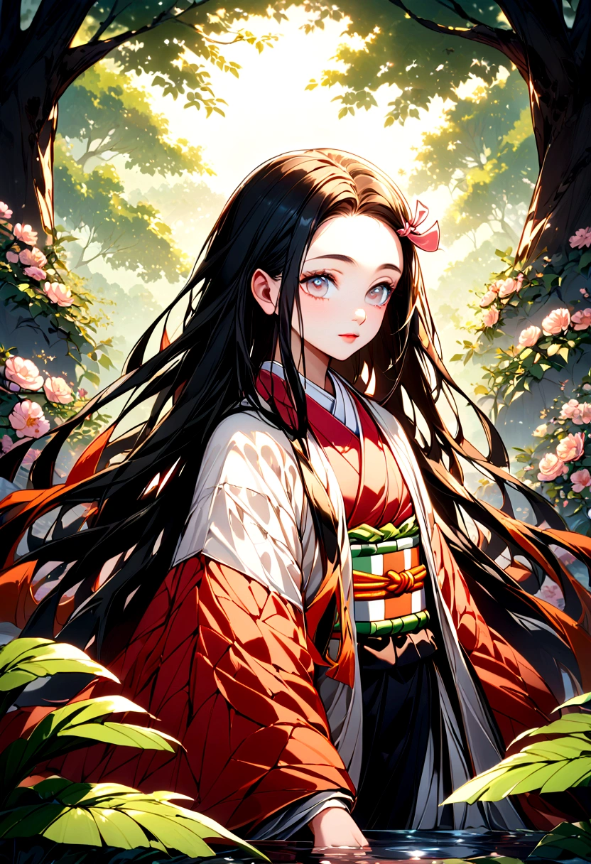 A close-up view of Nezuko from Demon Slayer, looking into the camera with a serene expression. The background features a peaceful natural setting with lush greenery, blooming flowers, and a gentle stream, creating a calm and tranquil atmosphere. Detailed textures, vibrant colors, ethereal lighting, hd quality
