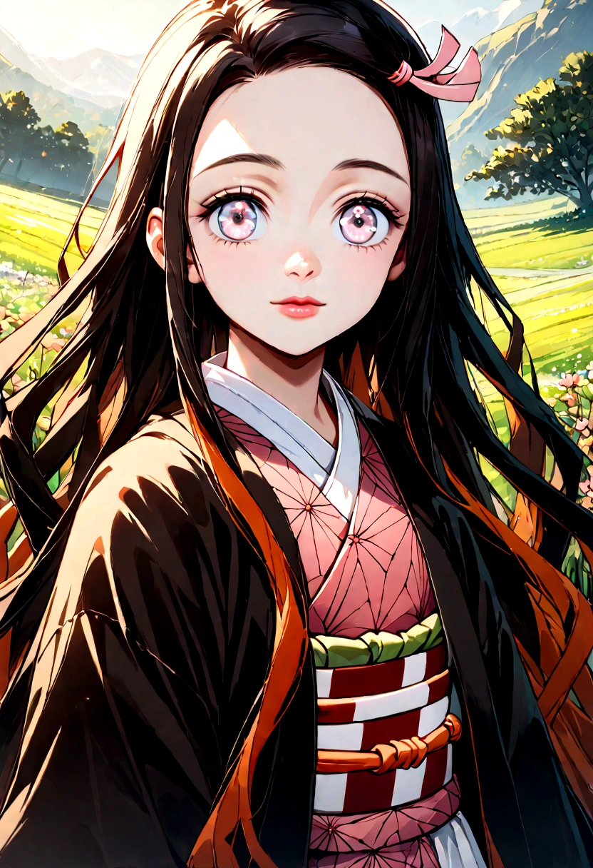 A close-up shot of Nezuko, her eyes meeting the viewer's gaze with a peaceful look. The background is a tranquil nature scene with green fields, vibrant flowers, and gentle sunlight, creating a sense of calm and serenity. Detailed textures, vibrant hues, peaceful setting, hd quality
