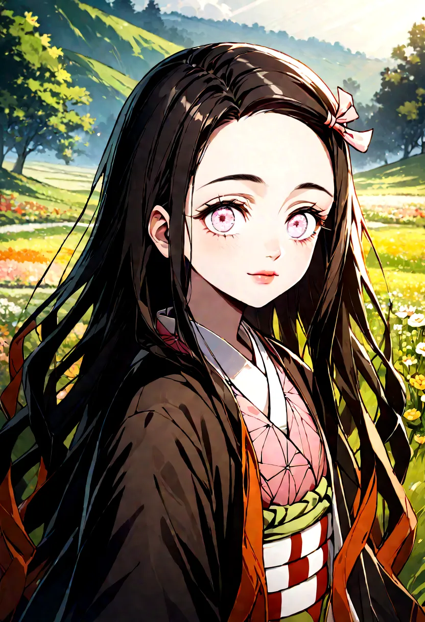 a close-up shot of nezuko, her eyes meeting the viewer's gaze with a peaceful look. the background is a tranquil nature scene wi...