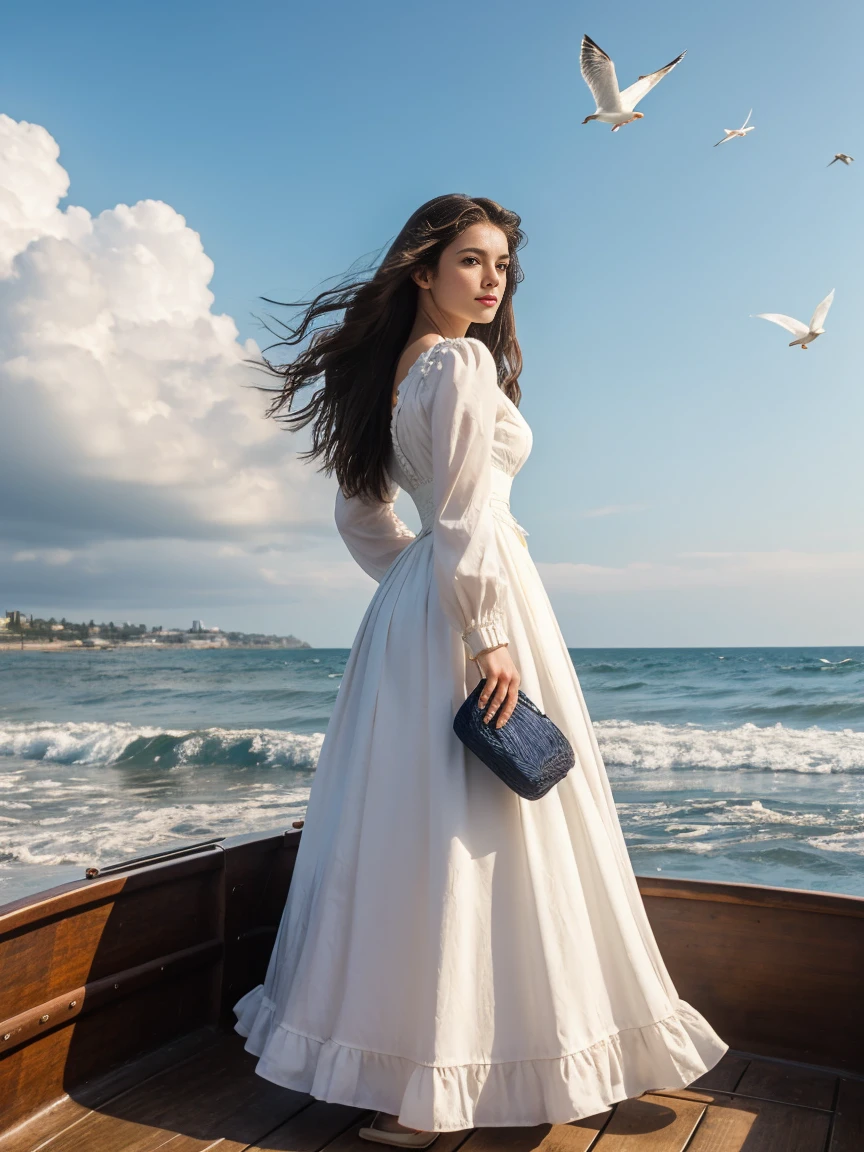 uma mulher, Sozinho, cabelo longo, Cabelo preto, vestir, de pé, foco nitído, ao ar livre, céu, dia, Nuvem, água, elevador de roupas, por trás, blue céu, ângulo holandês, era vitoriana, inspirado em Milo Manara, gaivotas, oceano, Mídia tradicional, praia, águacraft, enviar, ondas, barco, gaivota