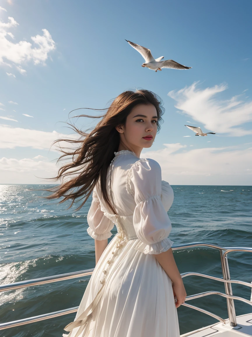 a woman, solo, long hair, black hair, dress, standing, sharp focus, outdoors, sky, day, cloud, water, clothes lift, from behind, blue sky, dutch angle, Victorian era, inspired by Milo Manara, seagulls, ocean, traditional media, beach, watercraft, ship, waves, boat, seagull