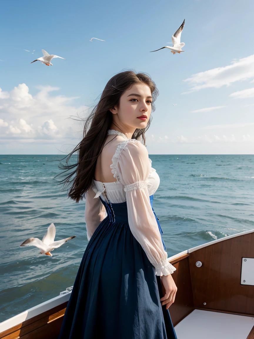 uma mulher, Sozinho, cabelo longo, Cabelo preto, vestir, de pé, foco nitído, ao ar livre, céu, dia, Nuvem, água, elevador de roupas, por trás, blue céu, ângulo holandês, era vitoriana, inspirado em Milo Manara, gaivotas, oceano, Mídia tradicional, praia, águacraft, enviar, ondas, barco, gaivota