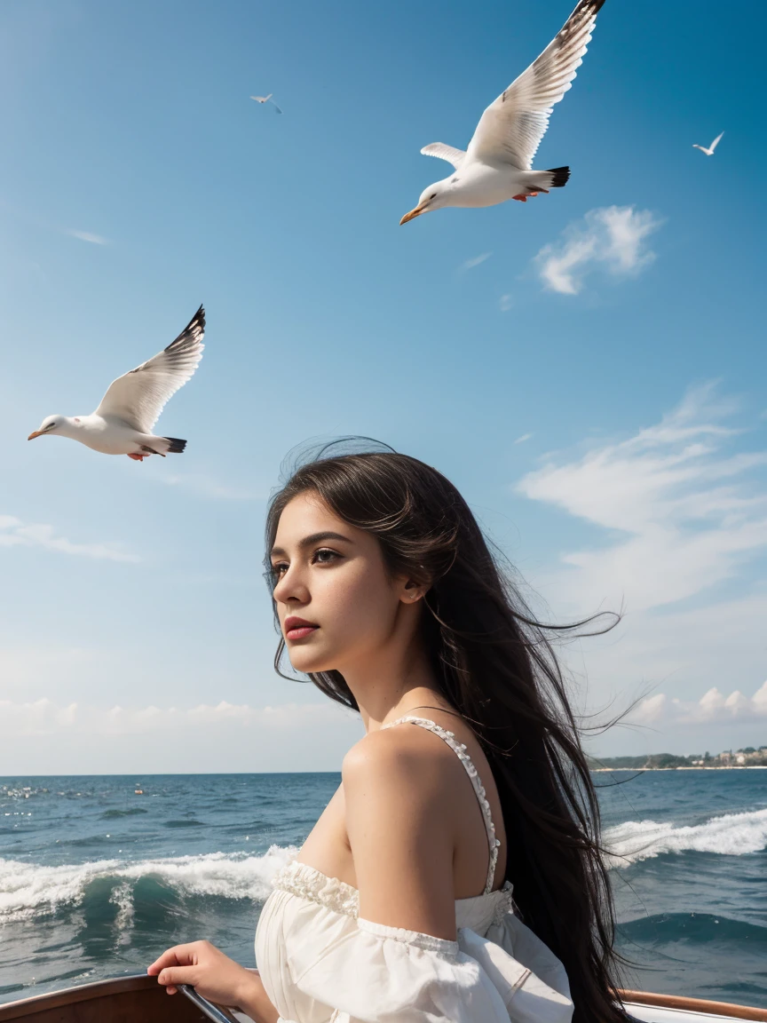 una mujer, solo, pelo largo, pelo negro, vestido, de pie, enfoque nítido, Al aire libre, cielo, día, nube, agua, elevador de ropa, desde atrás, blue cielo, ángulo holandés, Victorian era, inspirado en Milo Manara, Gaviotas, océano, medios de comunicación tradicionales, playa, aguacraft, barco, ondas, bote, Gaviota, grano de la película, ambiente dramático