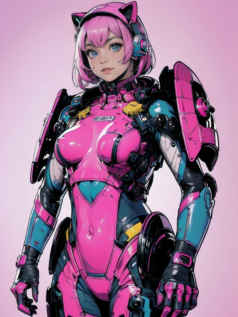 complete body shot,retro futuristic flat background,masterpiece, best quality, 1girl, solo, retro futuristic cyborgwoman, seamlessly blending mechanics and elegance. fit, small breasts, blueish skin, with magenta hair, fashion modeling pose, form fitting pastel yellow and pink with black colorblocking gundam suit-like-armor,kitty_ear headpiece, happy, wild pink punky hair, humanoid face with bigger eyes and some cyberparts holding a retro futuristoc space-gun, plain background, intense colors, Anime, Cartoon, Comic Book, Concept Art