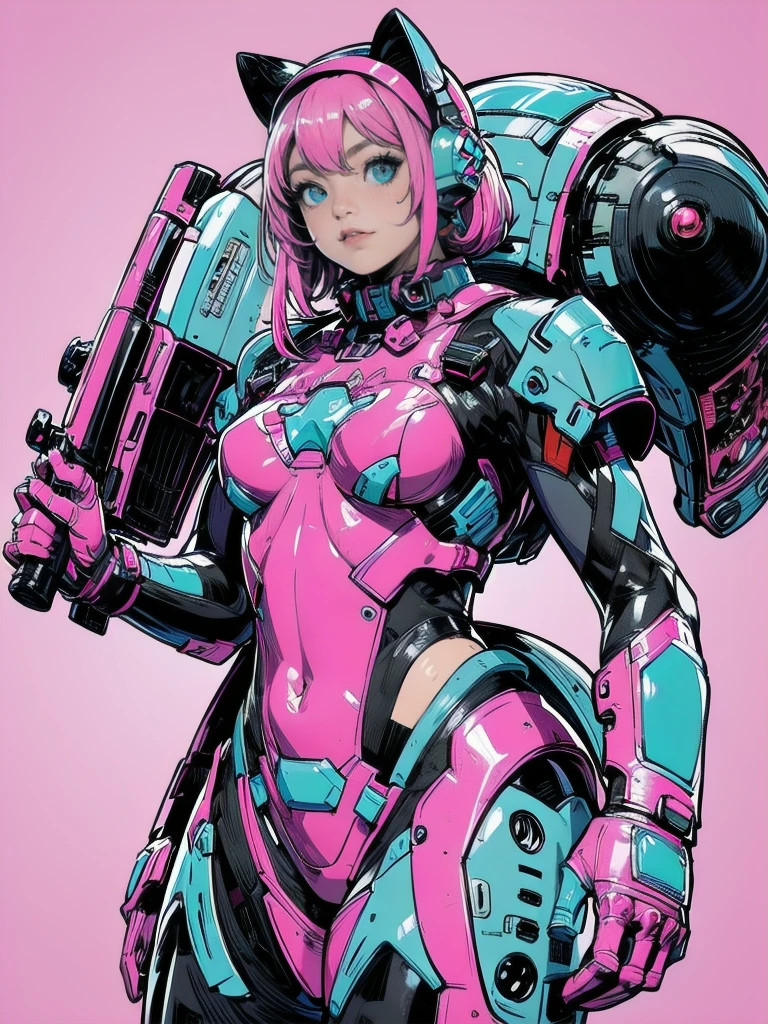 complete body shot,retro futuristic flat background,masterpiece, best quality, 1girl, solo, retro futuristic cyborgwoman, seamlessly blending mechanics and elegance. fit, small breasts, blueish skin, with magenta hair, fashion modeling pose, form fitting pastel yellow and pink with black colorblocking gundam suit-like-armor,kitty_ear headpiece, happy, wild pink punky hair, humanoid face with bigger eyes and some cyberparts holding a retro futuristoc space-gun, plain background, intense colors, Anime, Cartoon, Comic Book, Concept Art