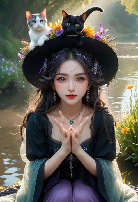 (masterpiece, Highest quality, Highest quality, ultra detailed face, ultra detailed eyes、aesthetic:1.2), (Beautiful witch and ca...