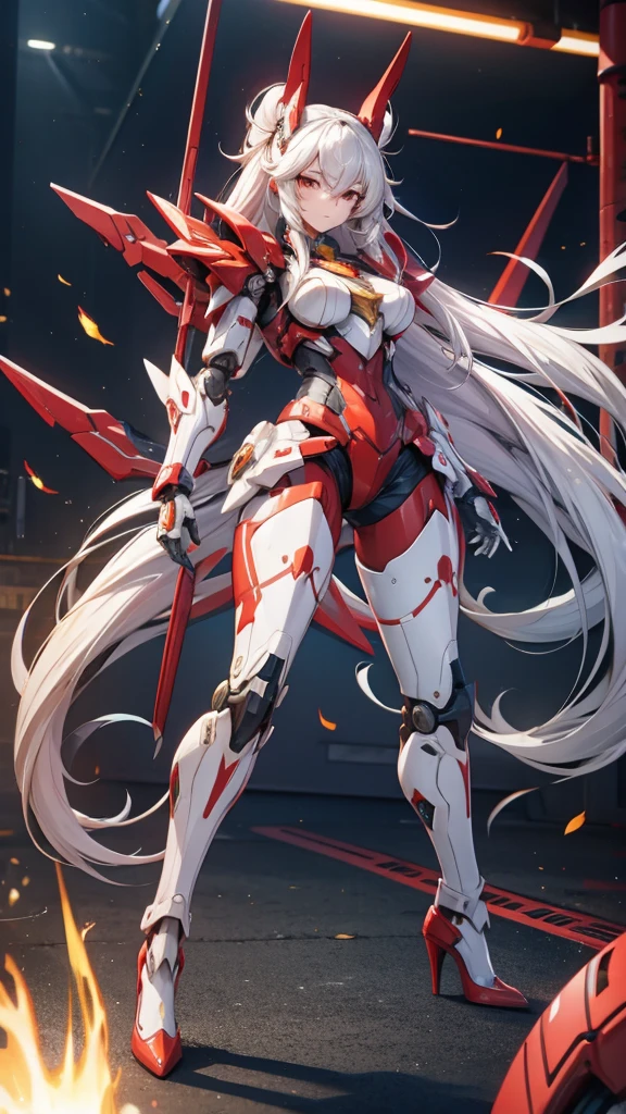 Huge mecha with long white hair，Chest，Full body red armor，female robot，mechanical joint，Thruster，high heels，Sci-fi city