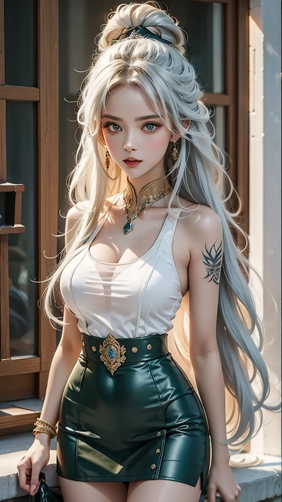 A high resolution rendering of a fierce woman, standing solo with her hips slightly tilted, her detailed face exuding confidence and strength. Her long white hair is adorned with delicate braids, and she is dressed in a striking army suit with a short skirt and adorned with unique tattoos and jewelry.