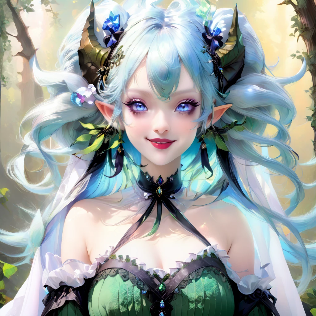 masterpiece, Highest quality, Very detailed, High resolution, An expensive solution, High resolution, masterpiece, depth, Fine texture, Highest quality, Total concentration, (very pretty anime Elf Girl), (Beautiful Gothic Elf Woman, Young Elves, Elf Girl, pretty girl, Young girl),Has horns on its headがある, Grin, smile, (A chic white top with beautiful details, ribbon, medium pleated skirt, Fluffy long sleeves, White Cape), Emerald Eyes, Long eyelashes, eyeliner, Huge thighs, Wide Hips, Tight waist, ( Light blue hair, (Light Hair, Long Hair), bangs, Gradient Hair), Shiny Hair,  Forest as a background, Fantasy art, 8k high quality detailed art, A fusion of realism and colorful fantasy, Gothic art style, Fantasy art style, a beautiful fantasy Young Elves, CGI anime Fantasy artwork, charm,  Seductive posture, Full Body Shot,Vibrant colors, 自信に満ちたsmile, gentle smile, Beautiful attention to detail, Beautiful lip detail, Very detailed目と顔, Long eyelashes, Vibrant colors, Professional, Very detailedな, Intricate details, Volumetric lighting, Lens flare, particle,(White and platinum color scheme), mysterious, mysteriousな.Has horns on its head