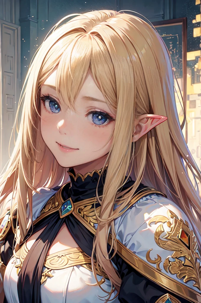 (best quality,ultra-detailed),(realistic:1.37) portrait of a cute girl with mesugaki hairstyle. She has a beautiful face, with mesmerizing eyes and luscious long blond hair. She embodies the essence of an elf, radiating a magical aura. The portrait captures her innocence and charm, highlighting her cute features and captivating smile. The artwork is created using a medium of exquisite digital painting, which brings out the intricate details and vibrant colors. The lighting is soft and gentle, illuminating her face with a warm glow. The overall color palette is delicate, with pastel tones that add to the dreamy atmosphere. The high-resolution artwork showcases the finest craftsmanship and attention to detail, making it a true masterpiece.