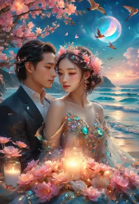 (((masterpiece))), 最high quality, city, Flowers, A delicate scene, Lovers, bird, pink Flowers and bright big shells, Diamond Cry...
