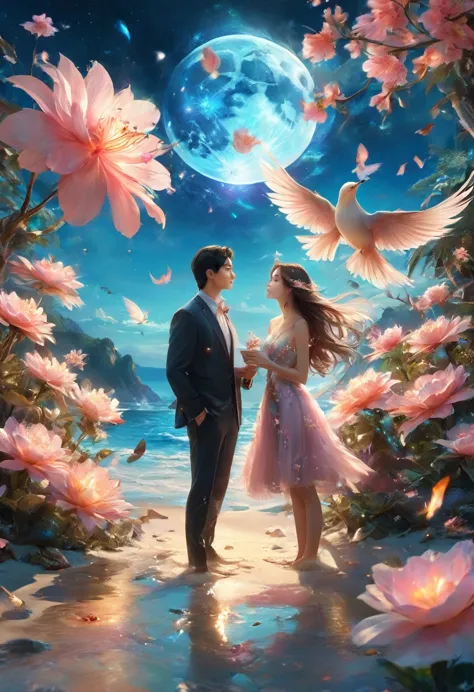 (((masterpiece))), 最high quality, city, Flowers, A delicate scene, Lovers, bird, pink Flowers and bright big shells, Diamond Cry...