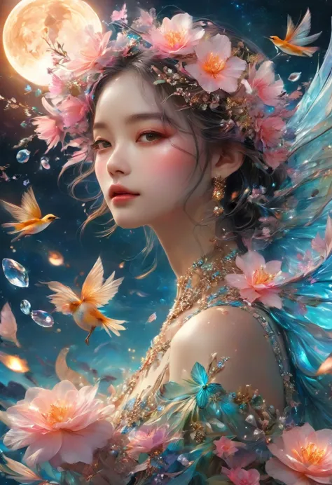 (((masterpiece))), 最high quality, city, Flowers, A delicate scene, Lovers, bird, pink Flowers and bright big shells, Diamond Cry...