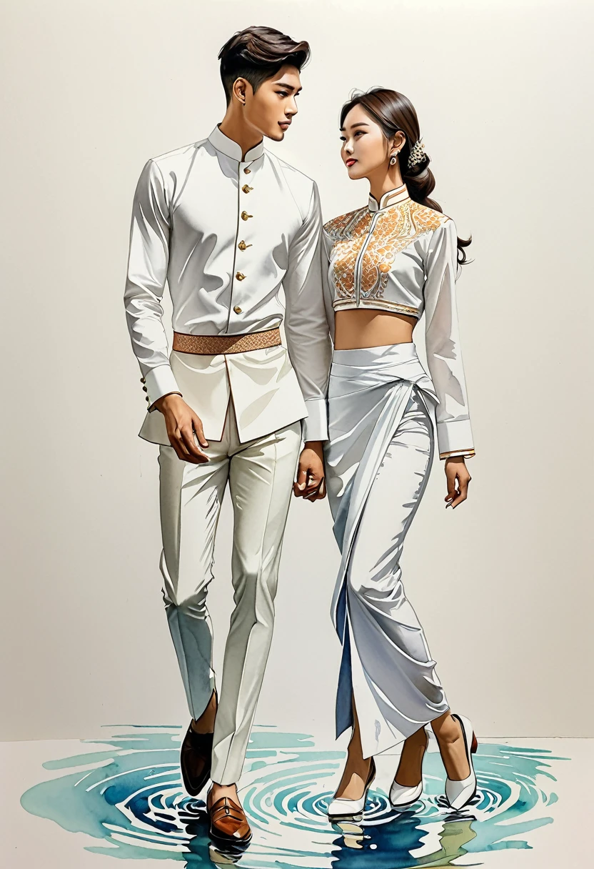 candid fashion illustration of two young man and women, 22 year old, adorned in a meticulously crafted North Thai traditional outfits, ((showcase fashion Thai style, cotton handwoven in white color)), simple elegant and luxury style, The man wears a simple long-sleeved white mandarin collar shirt, paired with white Tailor pants, and oxford shoes, The woman complements him with white tubular ankle-length skirt or Sarong with simple patterns, fitted intricately decorated blouse that complements the skirt, Captured in a dynamic angle, ((full-body image)), ((pastel water color background)), sketching, realistic drawing, imperfect water color drawing, fashion look book, fashion illustrator, sketch design,