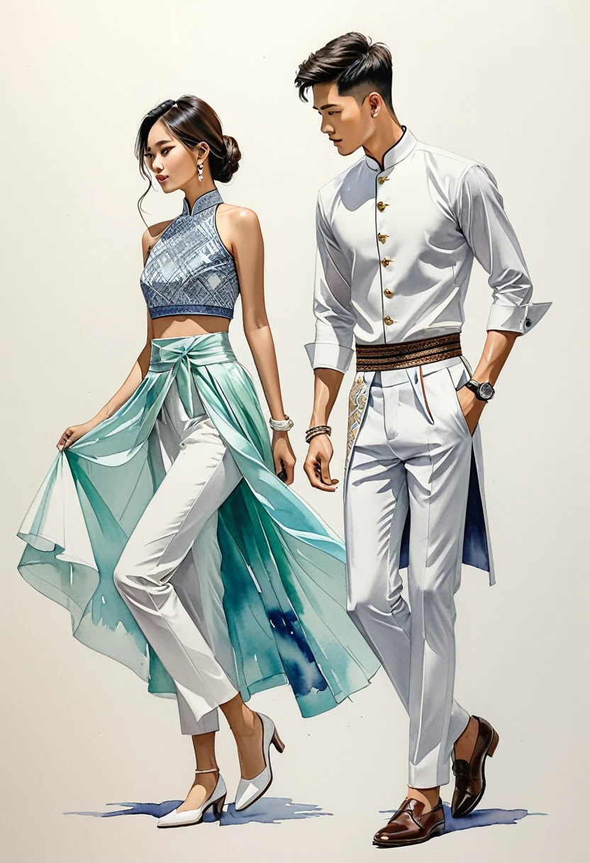 ilustración de moda sincera de dos hombres y mujeres jóvenes, 2, adornado con trajes tradicionales del norte de Tailandia meticulosamente elaborados, ((moda tailandesa de exhibición, algodón tejido a mano en color blanco)), estilo simple, elegante y lujoso., El hombre lleva una sencilla camisa blanca de cuello mandarín y manga larga., combinado con pantalones Tailor blancos, y zapatos oxford, La mujer lo complementa con una falda tubular blanca hasta los tobillos o un sarong con patrones simples, blusa ajustada intrincadamente decorada que complementa la falda, Capturado en un ángulo dinámico, ((Imagen de cuerpo completo)), ((fondo de acuarela pastel)), dibujando, dibujo realista, dibujo imperfecto en acuarela, libro de look de moda, ilustrador de moda, diseño de boceto,