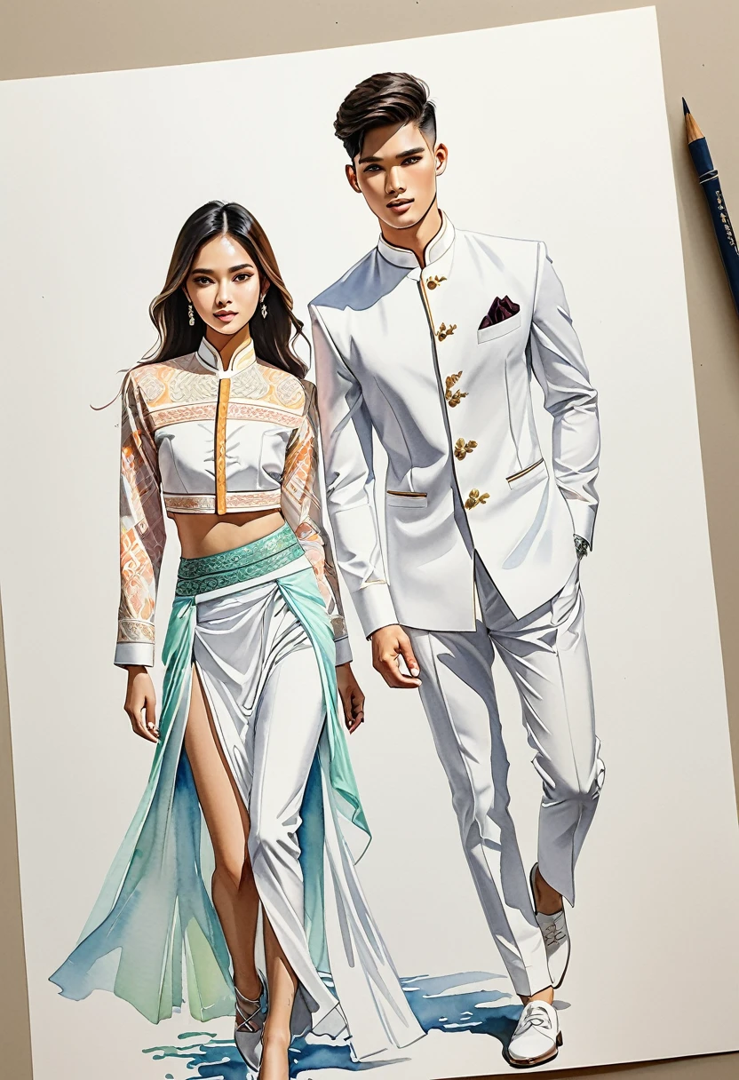 candid fashion illustration of two young man and women, 22 year old, adorned in a meticulously crafted North Thai traditional outfits, ((showcase fashion Thai style, cotton handwoven in white color)), simple elegant and luxury style, The man wears a simple long-sleeved white mandarin collar shirt, paired with white Tailor pants, and oxford shoes, The woman complements him with white tubular ankle-length skirt or Sarong with simple patterns, fitted intricately decorated blouse that complements the skirt, Captured in a dynamic angle, ((full-body image)), ((pastel water color background)), sketching, realistic drawing, imperfect water color drawing, fashion look book, fashion illustrator, sketch design,