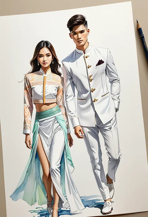 candid fashion illustration of two young man and women, 22 year old, adorned in a meticulously crafted North Thai traditional ou...