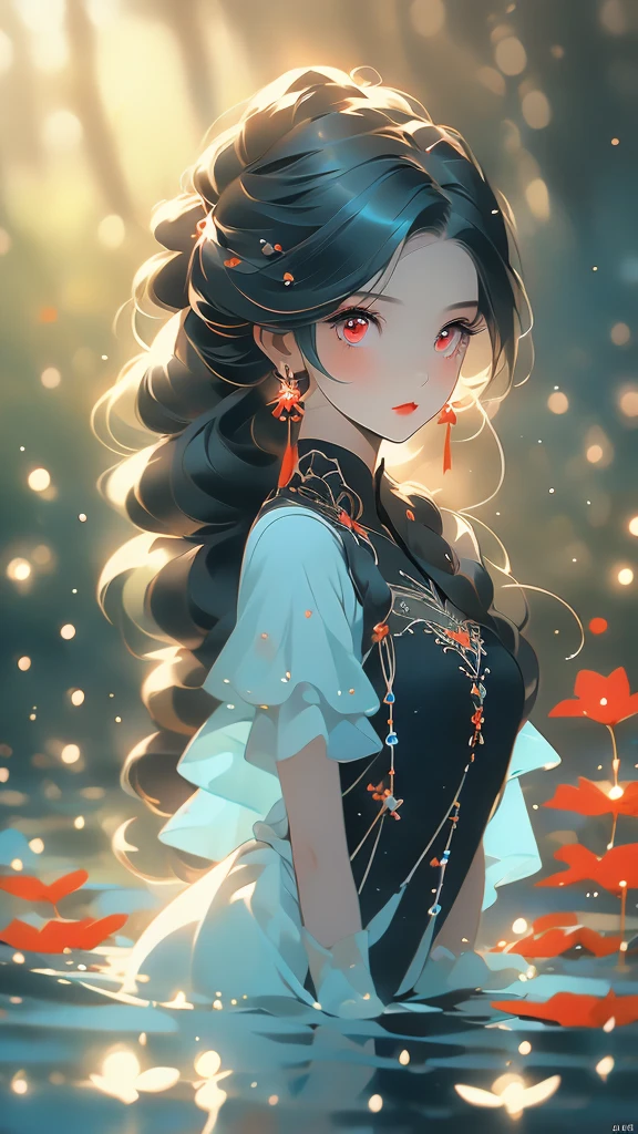 1girl,sense of deps,disorganized,catch light,Super beautiful illustrations,(water magic),((black color,long hairstyles:1.3)),dark dark eyeshadow,bright red lipstick,gothic lolita,;D,beautiful and delicate hair,(((Delicate and detailed red eyes))),light blue shining light effect,light blue aura