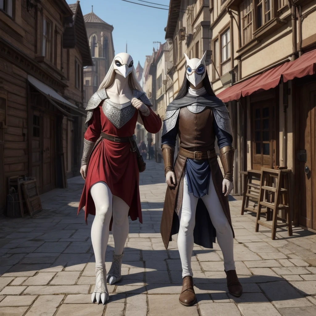 23 year old woman in a medieval style white ope cut dres with an white dove mask only covering her upper face. blue eyes. smiling. long hair. She stands on a street looking to the viewer. tabletop role play game style concept art. full body. background medieval fantasy city outskirts. the womans legs are scaly and ending in dove feet. ((bird legs.))