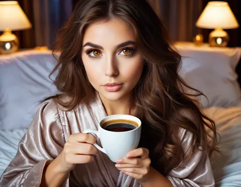 stubble beard woman, brown hair, amber eyes, in nightgown, drinks coffee