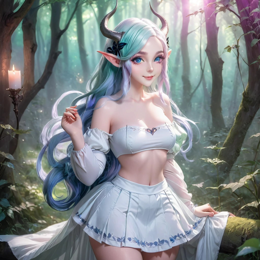 masterpiece, Highest quality, Very detailed, High resolution, An expensive solution, High resolution, masterpiece, depth, Fine texture, Highest quality, Total concentration, (very pretty anime Elf Girl), (Beautiful Gothic Elf Woman, Young Elves, Elf Girl, pretty girl, Young girl),Has horns on its headがある, Grin, smile, (A chic white top with beautiful details, ribbon, medium pleated skirt, Fluffy long sleeves, White Cape), Emerald Eyes, Long eyelashes, eyeliner, Huge thighs, Wide Hips, Tight waist, ( Light blue hair, (Light Hair, Long Hair), bangs, Gradient Hair), Shiny Hair,  Forest as a background, Fantasy art, 8k high quality detailed art, A fusion of realism and colorful fantasy, Gothic art style, Fantasy art style, a beautiful fantasy Young Elves, CGI anime Fantasy artwork, charm,  Seductive posture, Full Body Shot,Vibrant colors, 自信に満ちたsmile, gentle smile, Beautiful attention to detail, Beautiful lip detail, Very detailed目と顔, Long eyelashes, Vibrant colors, Professional, Very detailedな, Intricate details, Volumetric lighting, Lens flare, particle,(White and platinum color scheme), mysterious, mysteriousな.Has horns on its head,Full Body Shot