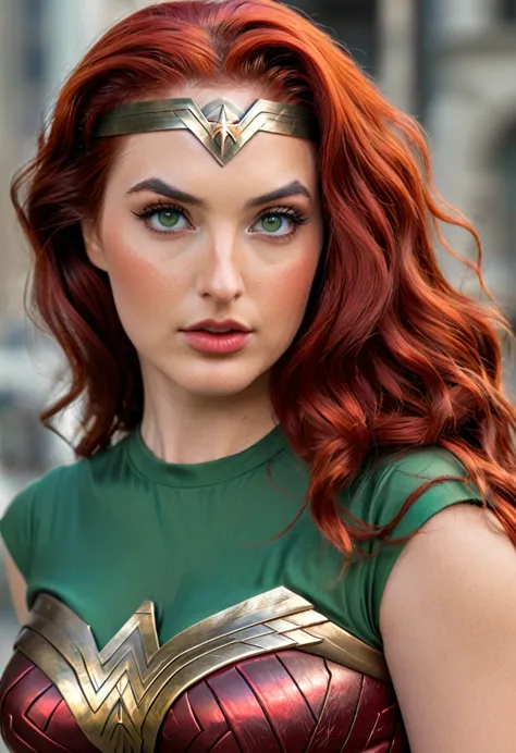 Beautiful sexy red hair, Classic 70s Wonder Woman with green eyes (realistic detailed,4K,high resolution,work of art:1.2), (slic...