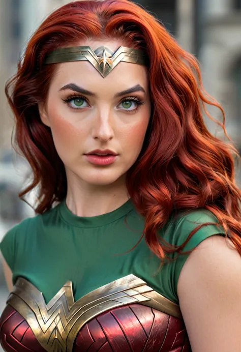 beautiful sexy red hair, classic 70s wonder woman with green eyes (realistic detailed,4k,high resolution,work of art:1.2), (slic...