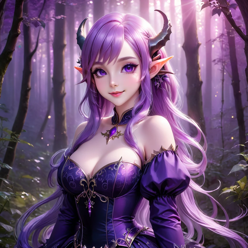 masterpiece, Highest quality, Very detailed, High resolution, An expensive solution, High resolution, masterpiece, depth, Fine texture, Highest quality, Total concentration, (very pretty anime Elf Girl), (Beautiful Gothic Elf Woman, Young Elves, Elf Girl, pretty girl, Young girl),Has horns on its headがある, Grin, smile, (A chic dress with beautiful details, Fluffy long sleeves, ), Purple eyes, Long eyelashes, eyeliner, Huge thighs, Wide Hips, Tight waist, ( Purple hair), (Light Hair, Long Hair), bangs, Gradient Hair), Shiny Hair,  Forest as a background, Fantasy art, 8k high quality detailed art, A fusion of realism and colorful fantasy, Gothic art style, Fantasy art style, a beautiful fantasy Young Elves, CGI anime Fantasy artwork, charm,  Seductive posture, Full Body Shot,Vibrant colors, 自信に満ちたsmile, gentle smile, Beautiful attention to detail, Beautiful lip detail, Very detailed目と顔, Long eyelashes, Vibrant colors, Professional, Very detailedな, Intricate details, Volumetric lighting, Lens flare, particle,(White and platinum color scheme), mysterious, mysteriousな.Has horns on its head,Full Body Shot