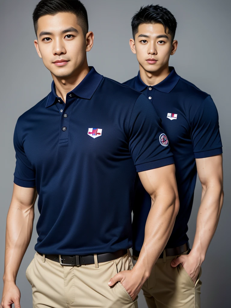 (Create a masterpiece: 1.2),(CGI art:1.3),(realistic:1.5),(After processing:1.3),(Sharp focus:1.3),10,1 man, smile, (Wear a navy polo shirt...), Navy cargo pants, Korean guy , korean men, (High gloss details), chest muscles, large arm muscles, blood vessel, Big muscles, Broad shoulders, looking at the audience, Balancing the eyes, tv, supermarket, (Make eye contact