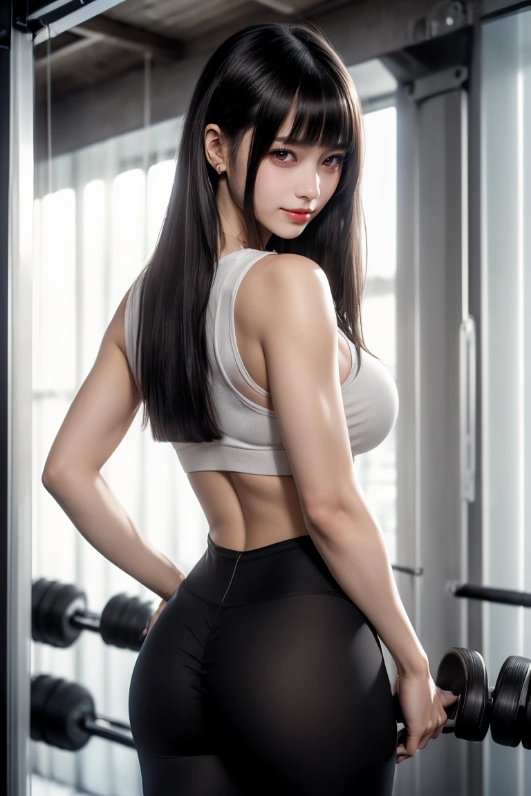 Tight tank top、Yoga Tights、armpits:1.2,Ultra-high resolution、(((Blunt bangs, Princess Van))), (((Very heavy,Voluminous bangs:1.1))),(((very length, Very heavy,Very voluminous side locks:1.1))),, Princess Cut, Straight bangs hairstyle, Round face with Blunt bangs, length, Glossless hair、The bangs are cut straight,(masterpiece, Highest quality:1.5), (ultra detailed 8k cg:1.4), (hyperRealistic:1.25), (PhotoRealistic:1.25), (Realistic:1.4), Cowboy Shot,(Smile 1.3), Beautiful Japanese Girl, 12 years old, Supermodel, Japanese Idols, (Grin), (Big Breasts:1.5), Sweat、(Turning around at the gym:1.5)、Accentuate your cleavage、Black Hair:1.2、(Back view、Full body image:1.5)、((Real person:1.5))、Perfect balance、(turn around:1.2)、(From below:1.2）、Butt crack