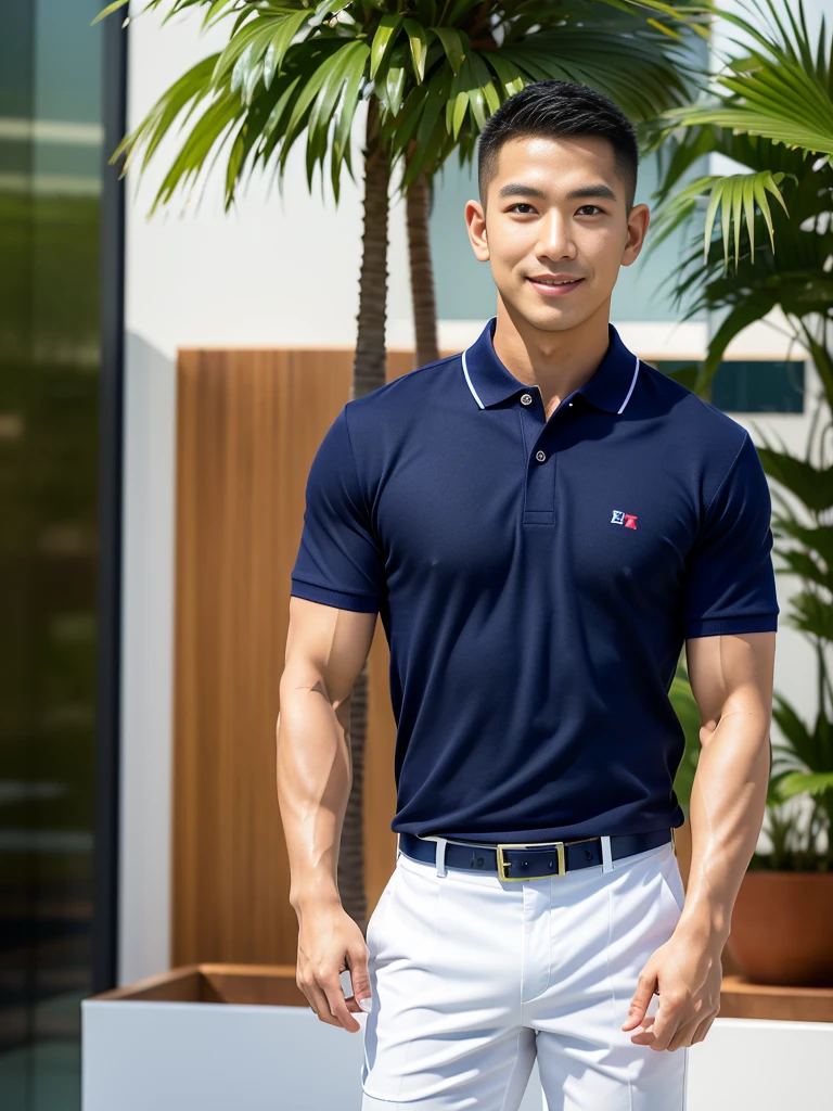 (Create a masterpiece: 1.2),(CGI art:1.3),(realistic:1.5),(After processing:1.3),(Sharp focus:1.3),10,1 man, smile, (Wear a navy polo shirt...), Navy cargo pants, Korean guy , korean men, (High gloss details), chest muscles, large arm muscles, blood vessel, Big muscles, Broad shoulders, looking at the audience, Balancing the eyes, supermarket, 