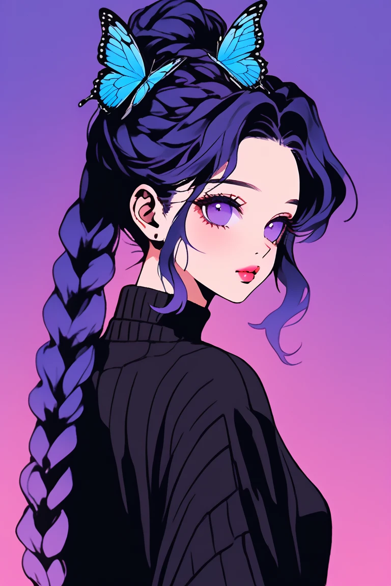 (Highest quality, sketch:1.2),Realistic,Illustrator,anime,1 Girl, Detailed lips,sweater,custom,Pink gradient background,Neon Hair,Texture Cropping,masterpiece, Style: Retro Classic, Dark Black、Braid、Under the Moon、black and purple hair、Beautiful Book、Blue butterfly hair ornament、Upstyle Hair、Hair is a night 