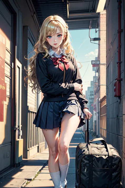 (masterpiece),sexy:1.2,solo,girl,(wavy hair,blonde hair),
(school uniform:1.2),baggy socks,