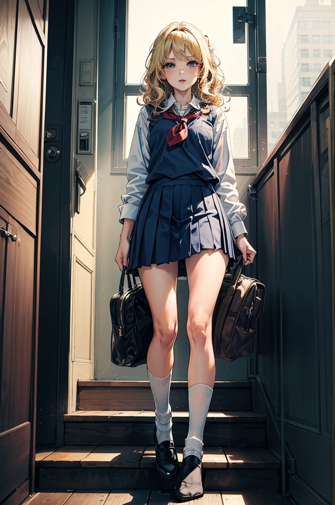 (masterpiece),sexy:1.2,solo,girl,(wavy hair,blonde hair),
(school uniform:1.2),baggy socks,