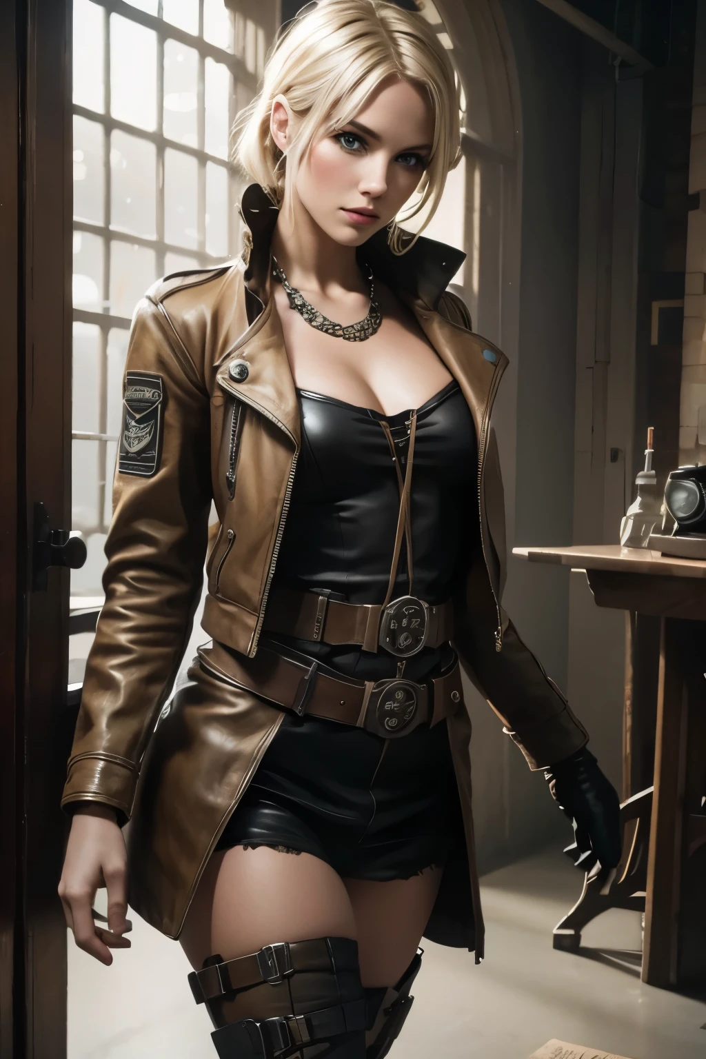 a blonde woman, with dieselpunk clothes, model shoot style, (extremely detailed 8k CG wallpaper unit), photo of the most beautiful art in the world, majestic professional (photography by Steve McCurry), 8k hd, DSLR, soft lighting, high quality, film grain, Fujifilm XT3 sharp focus, f 5.6, high detail, sharp focus, dramatic, (wearing dieselpunk clothing), (looking at the viewer:1.2),  (natural light), (seductive)