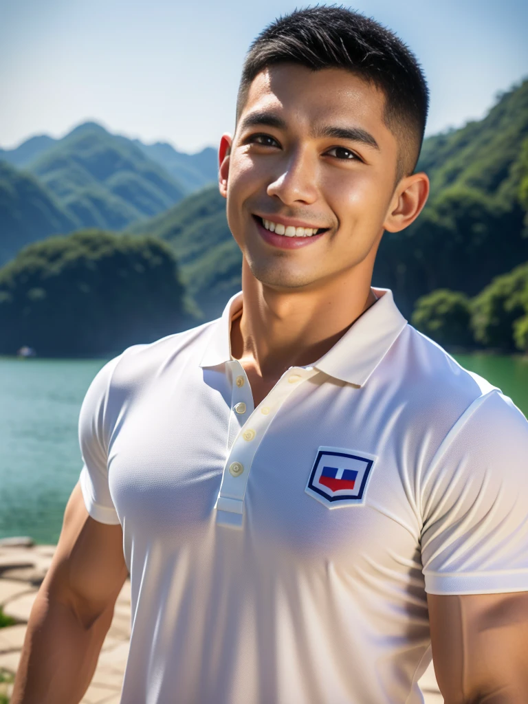 (Create a masterpiece: 1.2),(CGI art:1.3),(realistic:1.5),(After processing:1.3),(Sharp focus:1.3),10,1 man, smile, (Wear a navy polo shirt...), Navy cargo pants, Korean guy , korean men, (High gloss details), chest muscles, large arm muscles, blood vessel, Big muscles, Broad shoulders, looking at the audience, Balancing the eyes, rice field