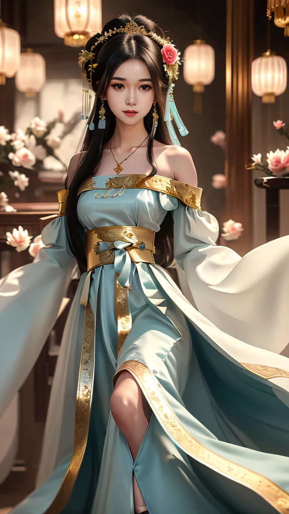 Girl in traditional Chinese clothing, Hanfu, Guzhen Hanfu women, White Hanfu,(long straight black hair:1.5), black eyes, black bun hairstyle, hair accessories ,gold long earrings, Bangle Diameter, Dia Necklace, Clear eyes, Facing forward,put on makeup, Long eyelashes ,(black long shoulder coat:1.8), (Very long skirt, black:1.5), ((Whole body)), ((from below)), Clear face, hair accessoriesจำนวนมาก  , (Very beautiful face, Beautiful mouth, beautiful eyes), detailed face, ((Ultra-fine skin)), In the dark, deep shadows, an ancient Chinese girl (Very slim figure 1.3) ,Plump breasts, elegant posture ,(palace in the sky:1.5), There is a red flower spot on the forehead.