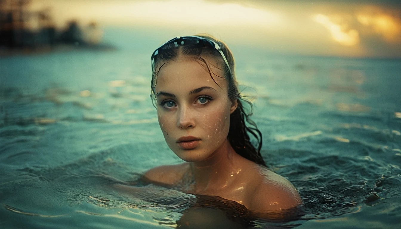 35mm vintage street photo of swimming,(insanely detailed, beautiful detailed face,beautiful detailed eyes, masterpiece, best quality),(large breasts:1.2),snorkel,wearing snorkel, underwater,naked,small nipple, hourglass body, long hair, golden hour, sunlight above water, cinematic lighting, movie still, high contrast, swimming