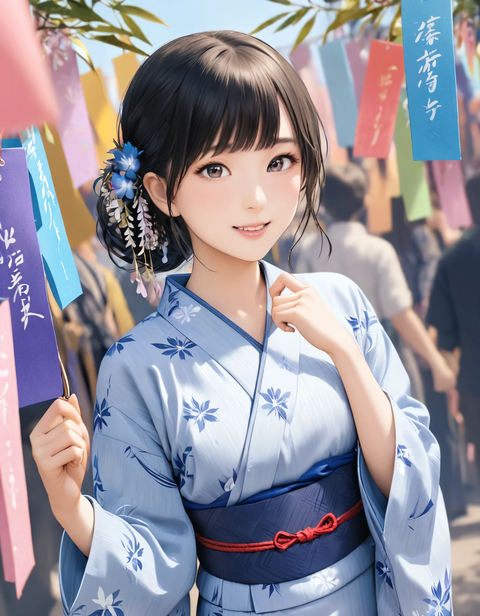 (best quality:1.2), 1girl, yukata, Tanabata Festival, cowboy shot, shoot from front