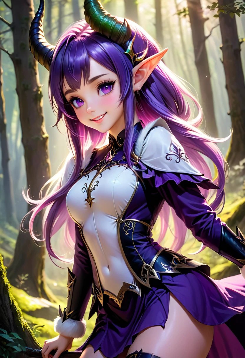 masterpiece, Highest quality, Very detailed, High resolution, An expensive solution, High resolution, masterpiece, depth, Fine texture, Highest quality, Total concentration, (very pretty anime Elf Girl), (Beautiful Gothic Elf Woman, Young Elves, Elf Girl, pretty girl, Young girl),Has horns on its headがある, Grin, smile, (A chic dress with beautiful details, Fluffy long sleeves, ), Purple eyes, Long eyelashes, Low angle shot、eyeliner, Huge thighs, Wide Hips, Tight waist, ( Purple hair), (Light Hair, Long Hair), bangs, Gradient Hair), Shiny Hair,  Forest as a background, Fantasy art, 8k high quality detailed art, A fusion of realism and colorful fantasy, Gothic art style, Fantasy art style, a beautiful fantasy Young Elves, CGI anime Fantasy artwork, charm,  Seductive posture, Standing posture,Vibrant colors, 自信に満ちたsmile, gentle smile, Beautiful attention to detail, Beautiful lip detail, Very detailed目と顔, Long eyelashes, Vibrant colors, Professional, Very detailedな, Intricate details, Volumetric lighting, Lens flare, particle,(White and platinum color scheme), mysterious, mysteriousな.Has horns on its head,Standing posture、Low angle shot