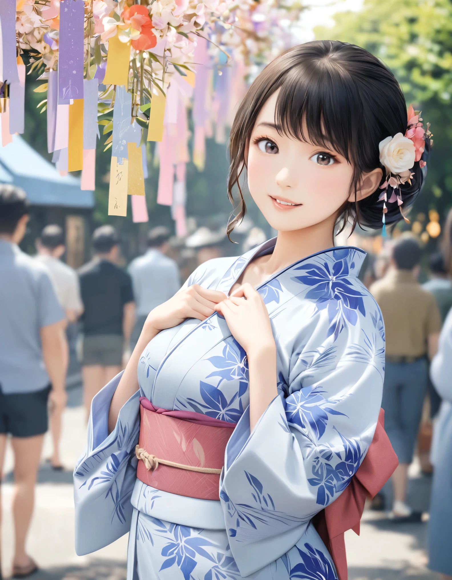 (best quality:1.2), 1girl, yukata, Tanabata Festival, cowboy shot, shoot from front