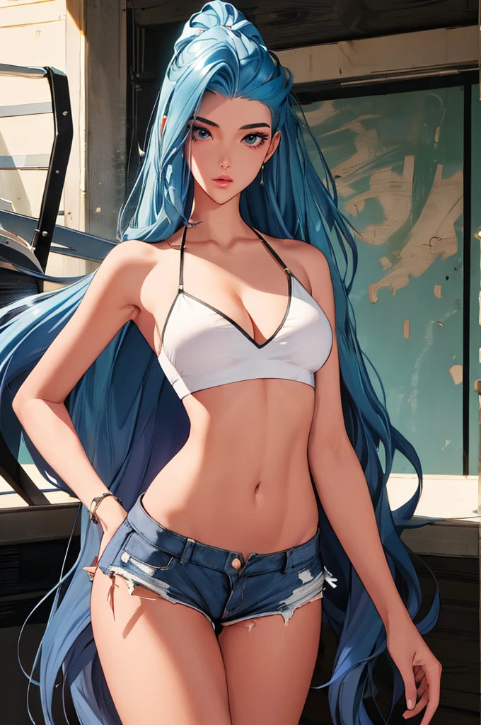 (best quality: 1.2), clean face, (masterpiece: 1.2, 8k) perfect anatomy, 1girl,a beautiful fashion model ,(masterpiece, official art, best quality ,long and shiny hair, blue hair with streaks in hair, long hair, full lips, slender body, slim body big breasts, looking at viewer, revealing outfit, absurdity, intricate details, dynamic pose, club, , wearing short shorts and a tight white top, cleavage, torn clothes, thong straps