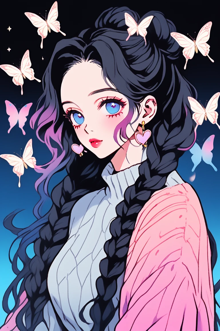 (Highest quality, sketch:1.2),Realistic,Illustrator,anime,1 Girl, Detailed lips,sweater,custom,Pink gradient background,Neon Hair,Texture Cropping,masterpiece, Style: Retro Classic, Dark Black、Braid、Under the Moon、Black Hair、Beautiful butterfly、２Two rainbow butterfly hair ornaments、Long Hair、Hair is a night 、Blue Eyes