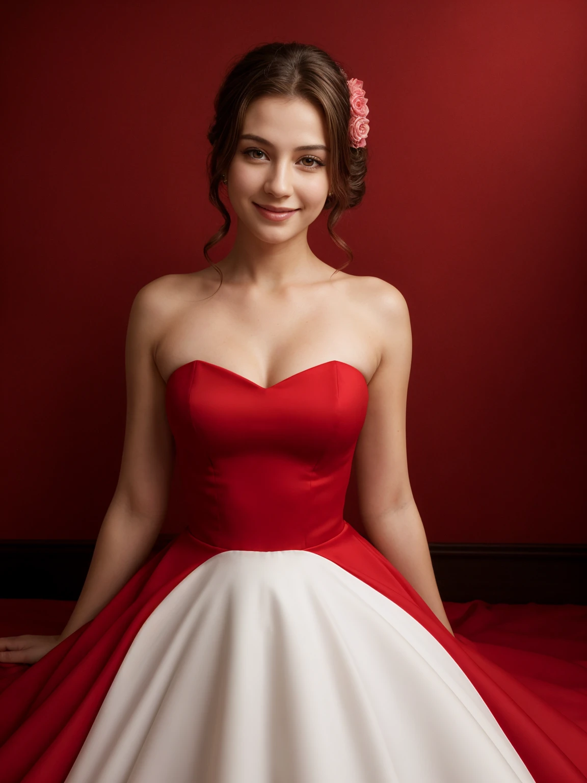 ((Masterpiece, best quality,edgQuality,photorealistic,hyper realistic)),(smiling:0.7),posing for a picture,
edgstrldress, a woman in a red dress,wearing edgstrldress,strapless dress
 