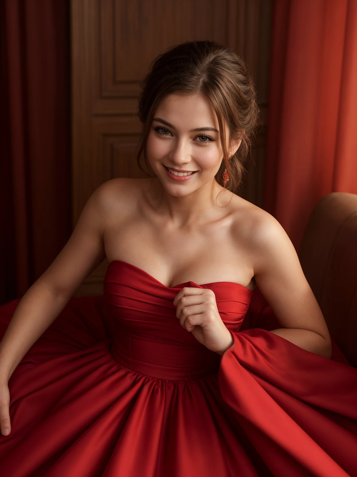 ((Masterpiece, best quality,edgQuality,photorealistic,hyper realistic)),(smiling:0.7),posing for a picture,
edgstrldress, a woman in a red dress,wearing edgstrldress,strapless dress
 