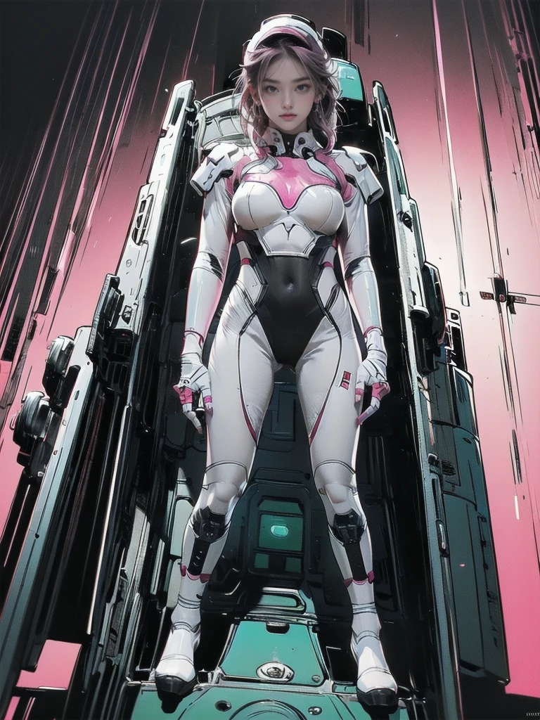 masterpiece, best quality, 1girl, solo, retro futuristic cyborgwoman, seamlessly blending mechanics and elegance. fit, small breasts, blueish skin, with magenta hair, fashion modeling pose, form fitting pastel green and pink with black colorblocking gundam suit-like-armor , happy, wild hair, humanoid face with bigger eyes and some cyberparts holding a retro futuristoc space-gun, plain background, dark colors, Anime, Cartoon, Comic Book, Concept Art
