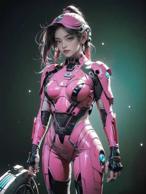 masterpiece, best quality, 1girl, solo, retro futuristic cyborgwoman, seamlessly blending mechanics and elegance. fit, small bre...