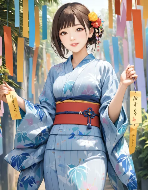 (best quality:1.2), 1girl, yukata, tanabata festival, cowboy shot, shoot from front